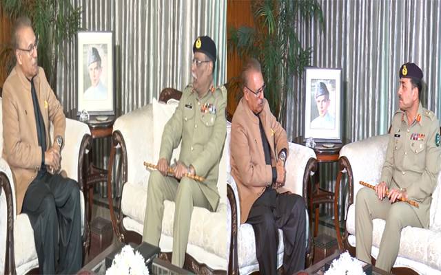 آرمی چیف جنرل عاصم منیر اور چیئرمین جوائنٹ چیفس آف سٹاف کمیٹی ساحر شمشاد مرزا نے صدر مملکت ڈاکٹر عارف علوی سے الگ الگ ملاقاتیں کیں، جس میں ملکی سلامتی سمیت باہمی دلچسپی کے امور پر بات چیت کی گئی