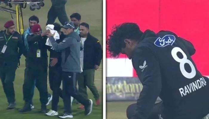  نیوزی لینڈ کے کھلاڑی  راچن رویندرا خوشدل شاہ کا کیچ پکڑنے کی کوشش میں زخمی