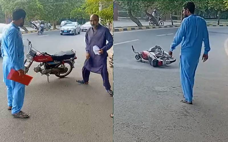 چالان کیوں کیا؟ مشتعل شہری نے موٹر سائیکل کو آگ لگا دی