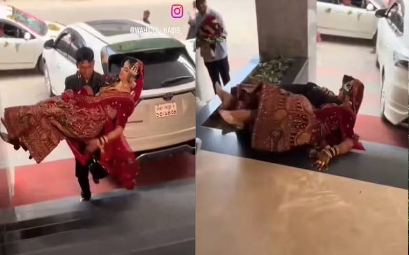  دلہن کو گود میں اٹھائے انٹری کیلئے جاتا دولہا سیڑھیوں سے نیچے جاگرا، ویڈیو وائرل