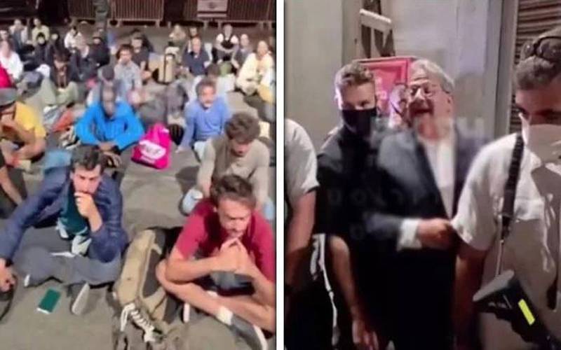 گرفتار فلوٹیلا کارکنان کے اسرائیلی وزیر کے سامنے فلسطین زندہ باد کے نعرے 