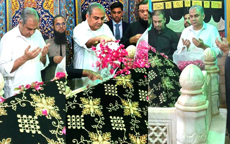 وفاقی وزیر داخلہ محسن نقوی  کی کراچی میں  عبداللہ شاہ غازی  کے مزار پر حاضری