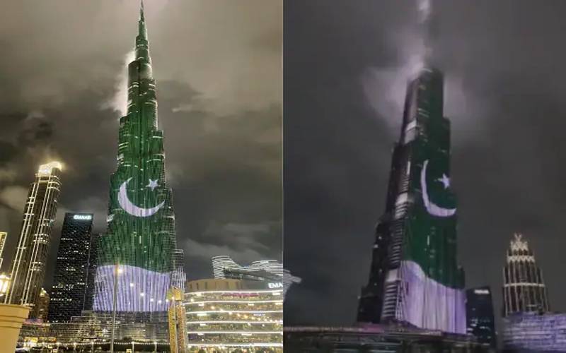 یوم پاکستان پر برج خلیفہ پاکستانی پرچم کے رنگوں سے جگمگا اُٹھا 