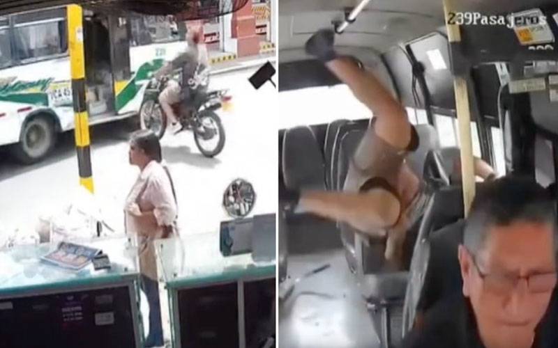 کولمبیا میں دلچسپ حادثہ ، موٹر سائیکل سوار سیدھا بس کے اندر جا گھسا، ویڈیو وائرل 