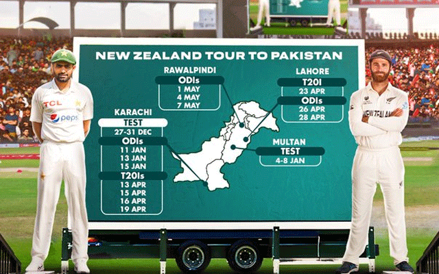 نیوزی لینڈ کرکٹ ٹیم کے دورہ پاکستان کا شیڈول جاری کر دیا گیا۔ مہمان ٹیم 2 ٹیسٹ، 8 ون ڈے اور 5 ٹی ٹونٹی انٹرنیشنل میچز کھیلنے کے لیے دو مختلف مراحل میں پاکستان آئے گی